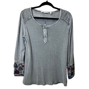 Soft Surroundings Womans PXS Lyocell Linen Blend Thermal Top Embroidered Cuffs